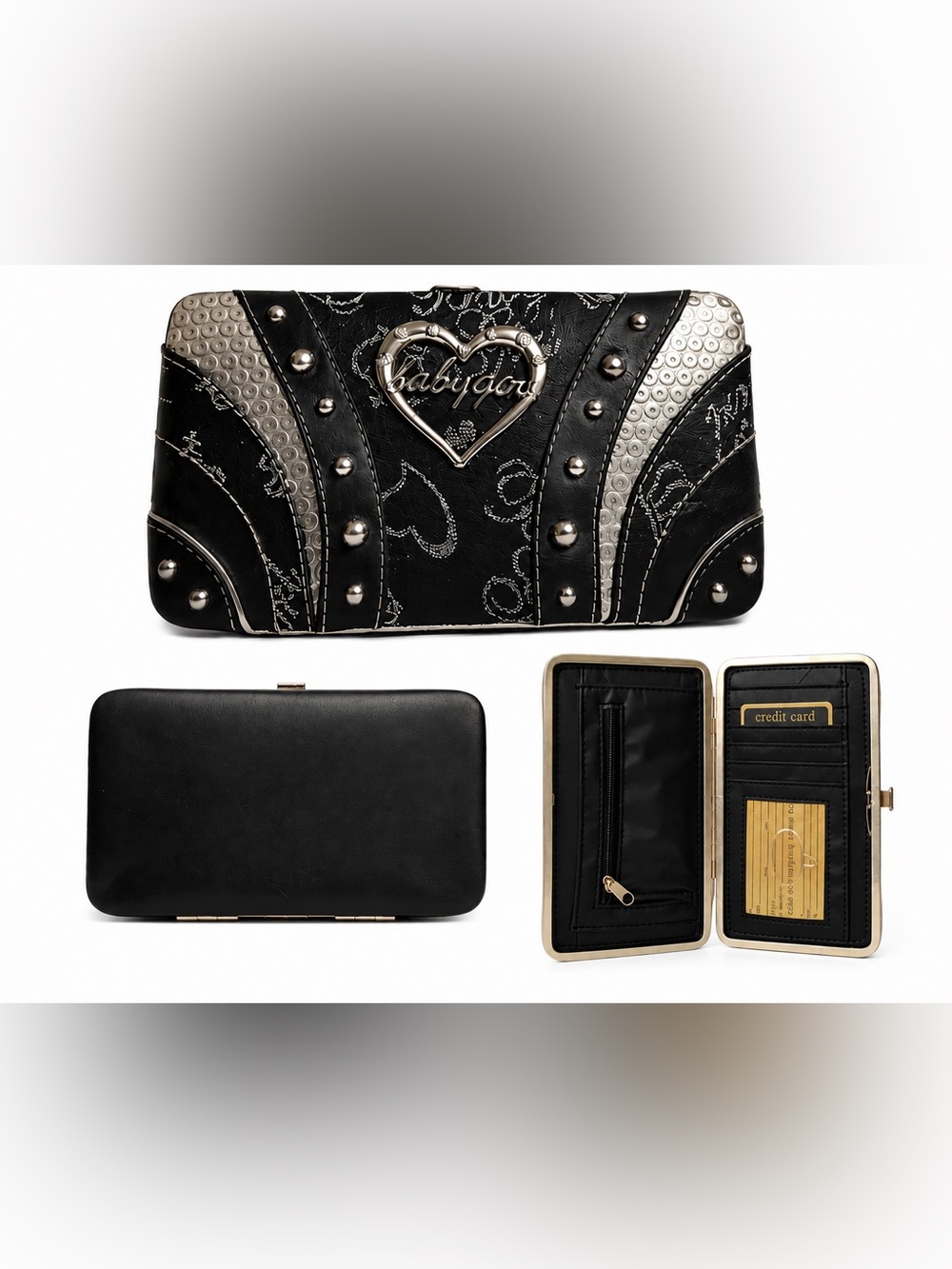 New Without Tags Vintage Baby Girl Wallet - Black & Silver Studded Design